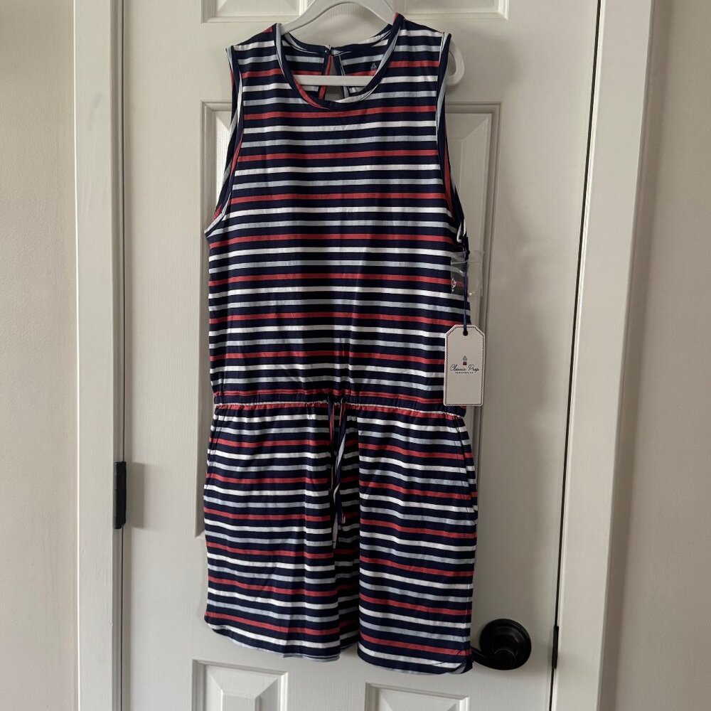 New Classic Prep Girls Addie Romper East Beach Stripe Shortall Size XL